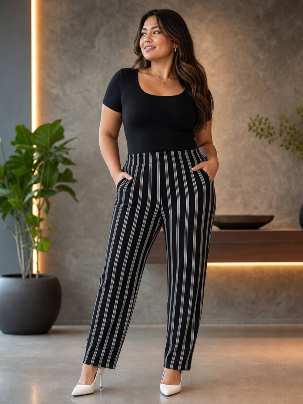 ROMWE Black & White Pinstripe Straight‑Leg Pants – Size XL, NWT